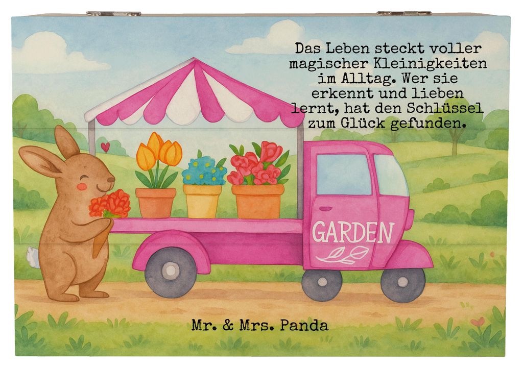 Mr. & Mrs. Panda Holzkiste Osterhase Blumenwagen Design 22 x 15 cm - Weiß - Geschenk, Schatzkiste, Tulpen, Kiste mit Deckel, fotobox, Box, Holzbox...