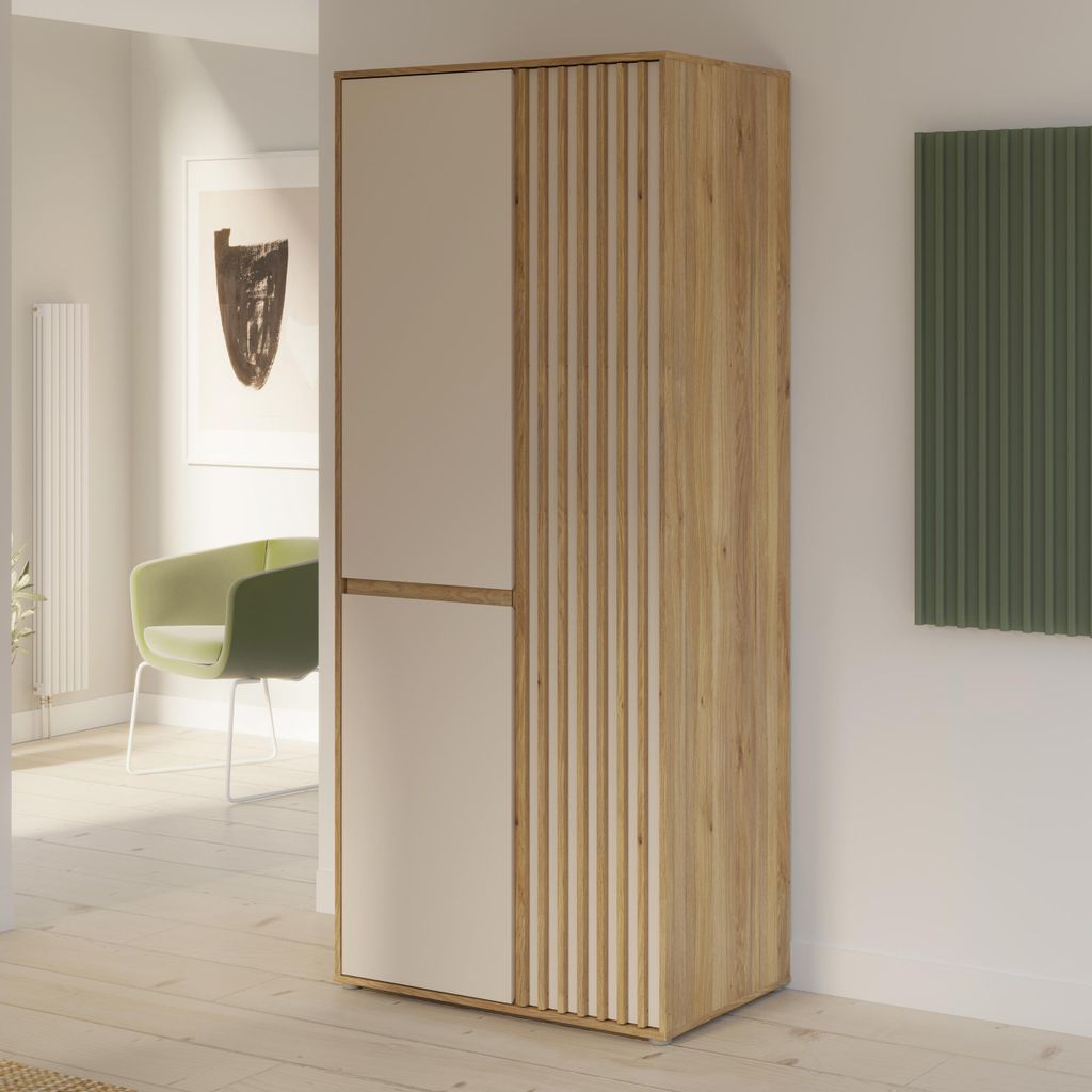 Forte ELISTON Kleiderschrank 80 90, moderner Kleiderschrank mit Lamellendesign, 2-türig, Holzwerkstoff, Schlafzimmer, Mauvella Eiche Holzdekor|Kas...