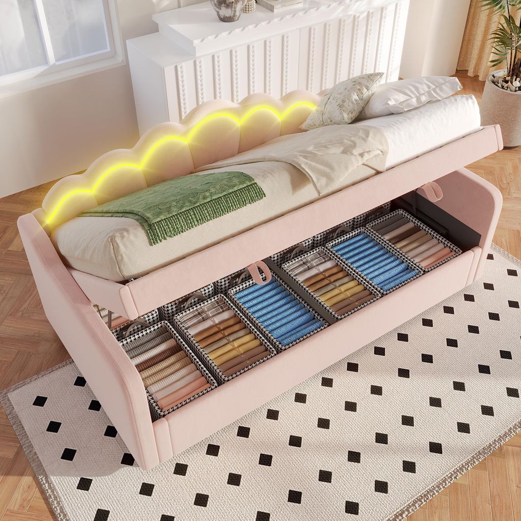 Tagesbett 90x200 cm mit LED & hydraulischem Stauraum – Einzelbett in Rosa, Samt-Bezug, farbwechselbarer LED-Streifen, 214x98x87 cm, für Wohnzimm...