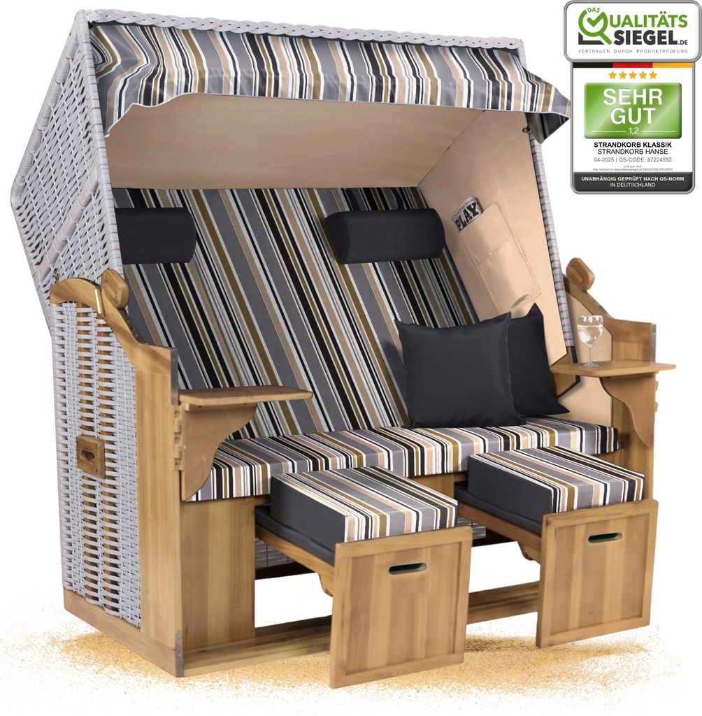 Strandkorb Ostsee 2,5-Sitzer 150cm breit in Beige Oliv Grau Weiß Gestreift Montiert ideal für Balkon, Terrasse oder Garten