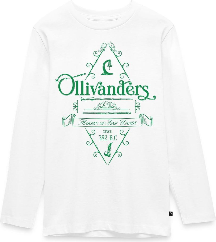 Spreadshirt Harry Potter Ollivanders Geschäft Grünes Logo Teenager Premium Langarmshirt, 146/152 (10 Jahre), Weiß