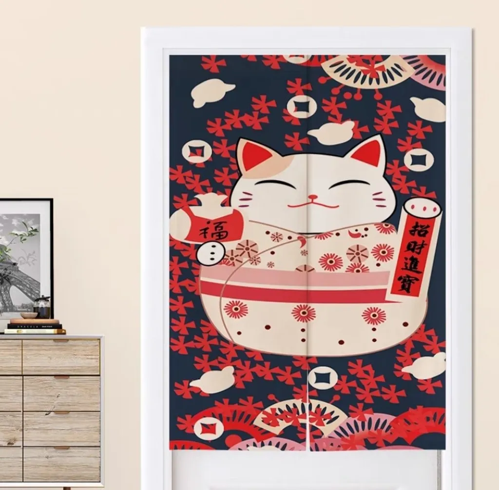 Rideau de Porte Japonais pour Séparation de Pièce Lucky Cat 80x130 cm