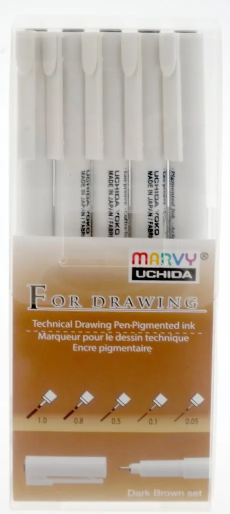 Marvy Uchida Marron Set 5 Tailles Stylos Techniques Sepia Fineliner