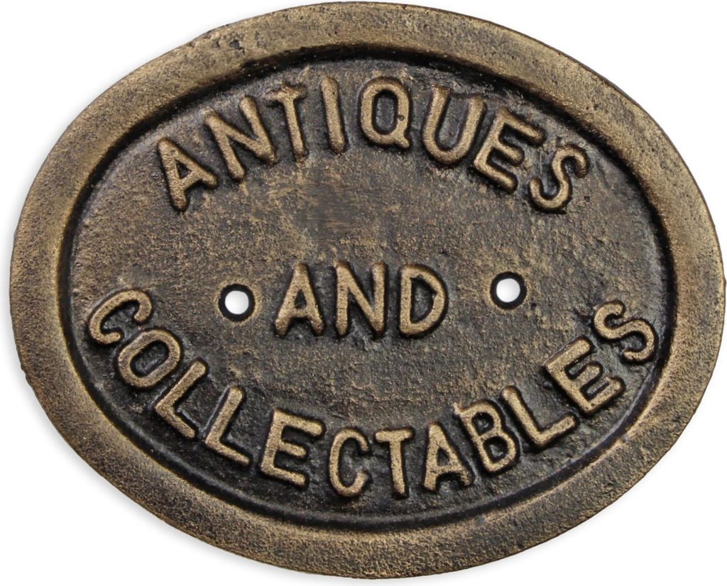 Eine gusseiserne Plakette „Antiquitäten und Sammlerstücke“ Replikat Retro Design Dekoration