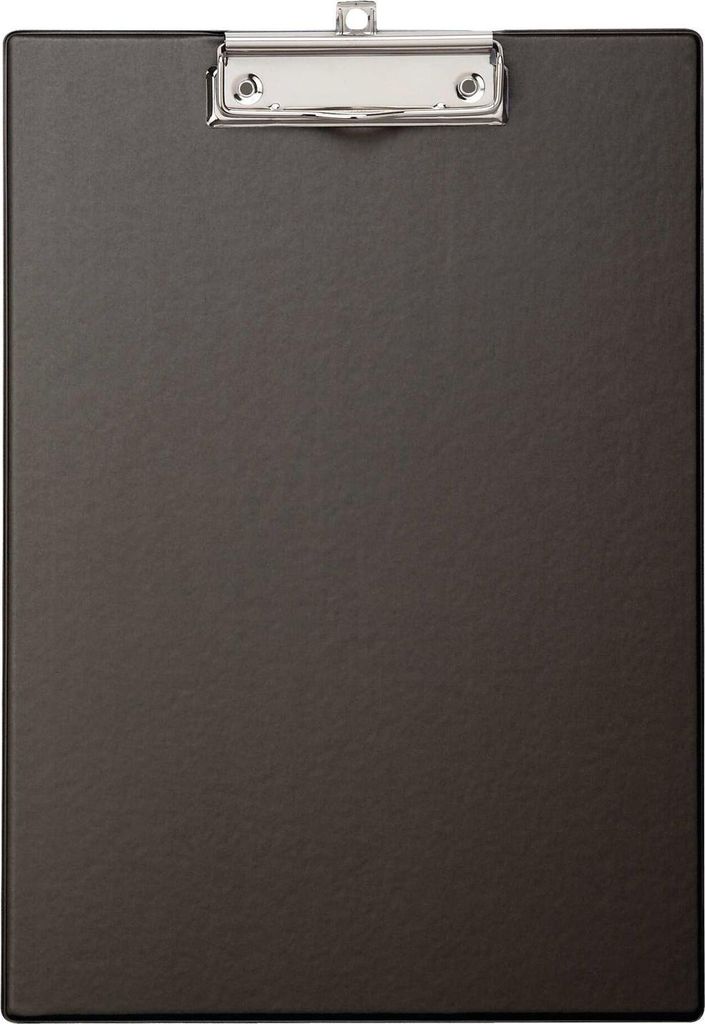 A black clipboard with a silver clip is shown against a light gray background.