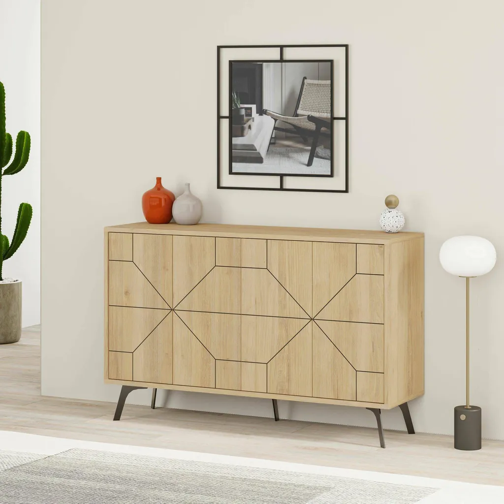 Buffet de Salon Earl 123cm Chêne Marron : Rangement Idéal 4 Niveaux