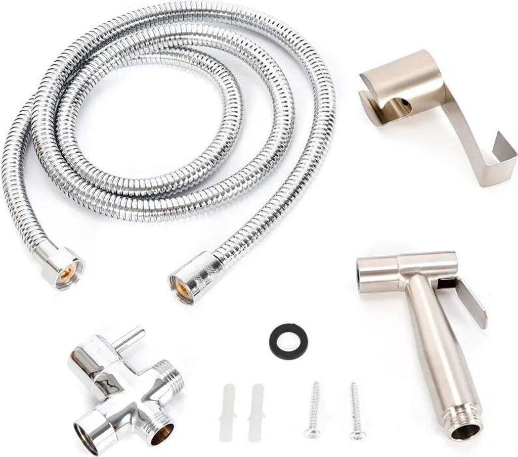 Handbidet Hygienedusche - Bidet Sprüher Set - Edelstahl - Dreiwegeventil G1/2 - T-Stück Messing - Schlauch 1,5 m - Silber