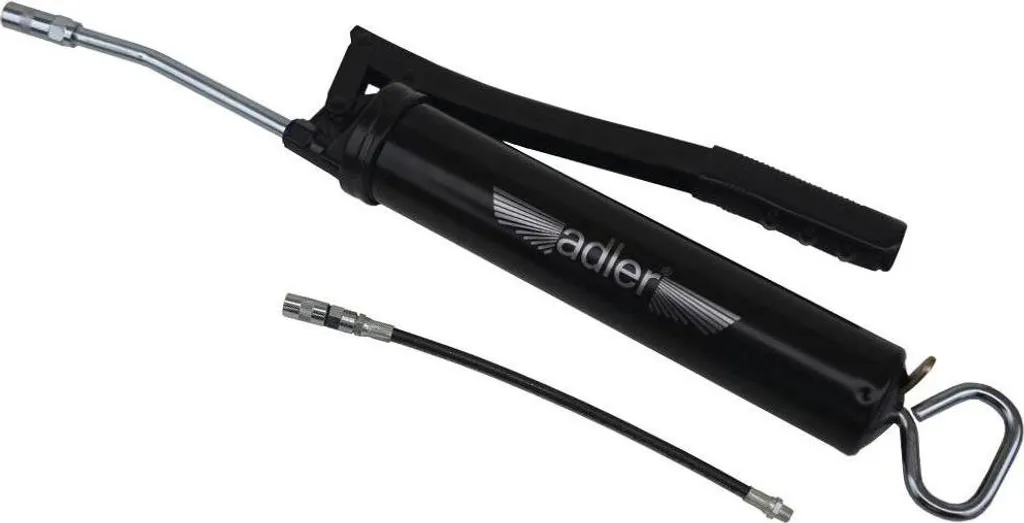 Ingrassatore manuale Adler AD-451, strumento professionale per la manutenzione meccanica e industriale, meccanismo a pompa manuale, ugello di precisione, design ergonomico, colore metallizzato.