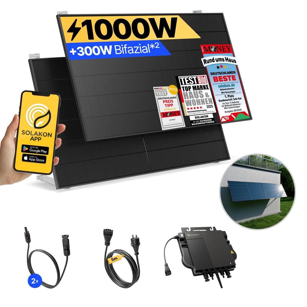 Balkonkraftwerk 1000W Solaranlage mit Wand/Gartenhaus Halterung Steckerfertig Komplettset Photovoltaik Anlage 800W, Kabellänge: 5m, Solakon