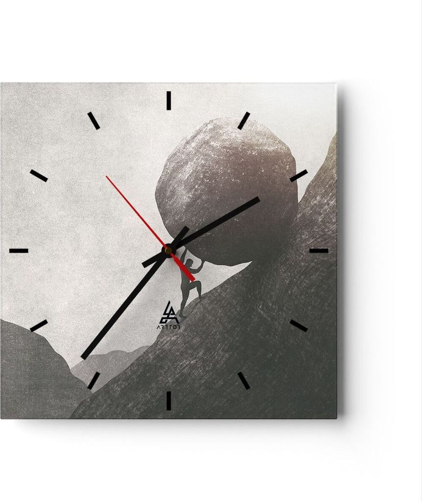 Wanduhr - Quadrat - Glasuhr - Sisyphus Arbeit Stein - 30x30cm - Schleichendes Uhrwerk - Lautlos - zum Aufhängen bereit - Dekoration Modern - Wandd...