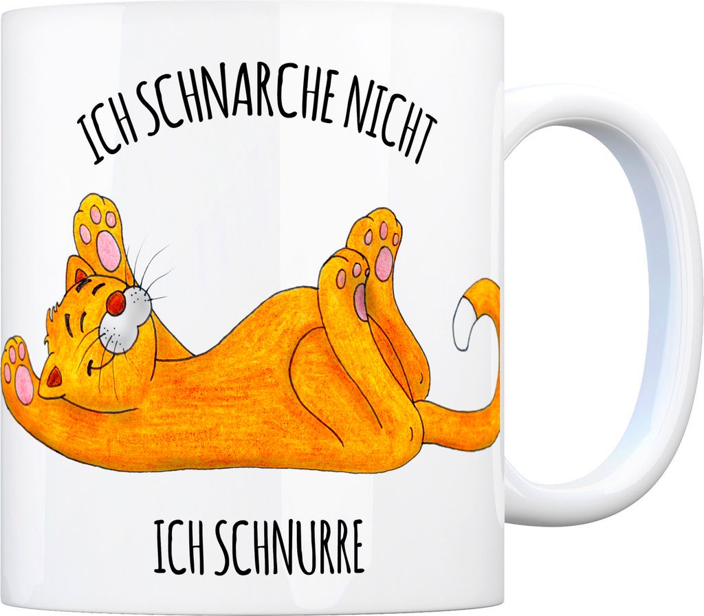 Kaffeebecher mit Katze Motiv und Spruch: Ich schnarche nicht, ich schnurre.