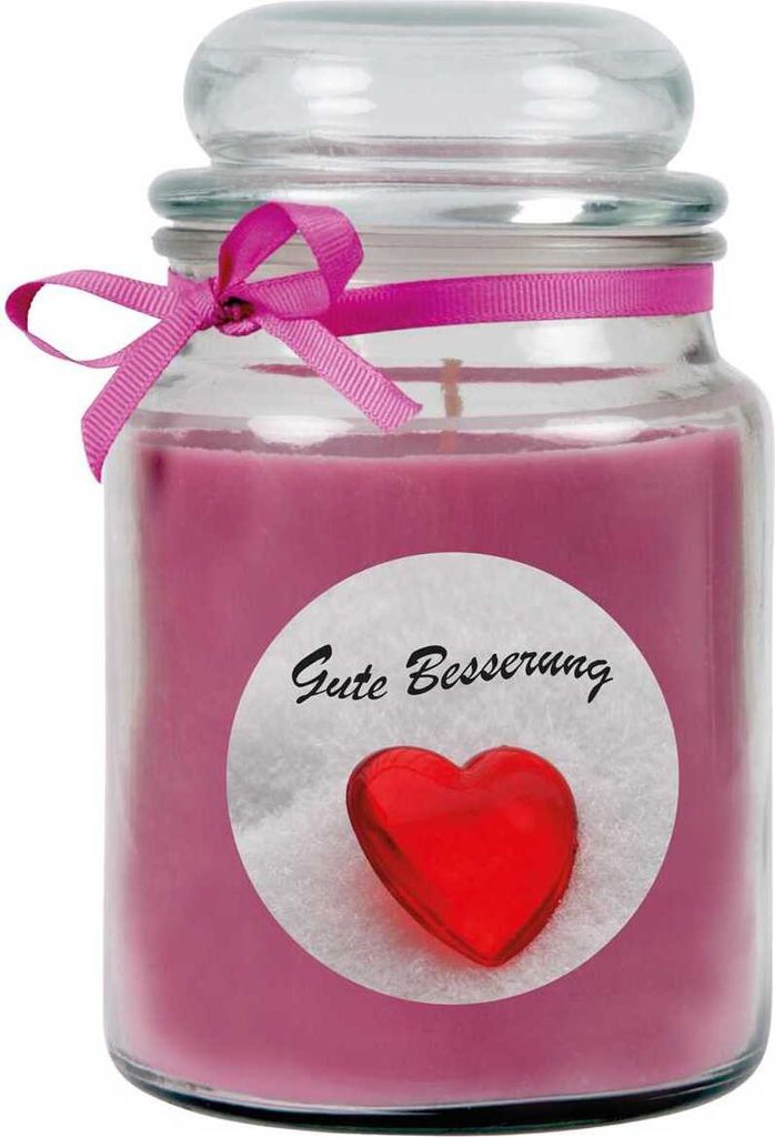 Duftkerze im Bonbonglas "Gute Besserung", Duft: Lavendel ( Lila ), 500g - Brenndauer bis zu 110 Stunden