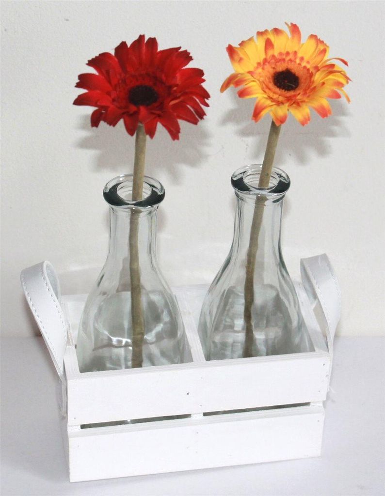 Blumenvase 2'er Set 005 Flaschen aus Glas 1 Blume Holzkiste natur weiss m