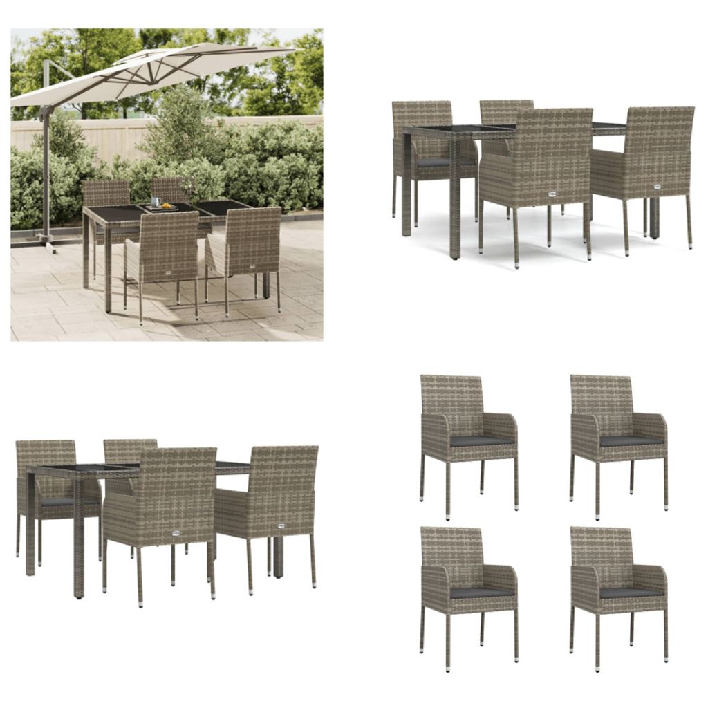 vidaXL 5 tlg. Garten Essgruppe mit Kissen Grau Poly Rattan - Garten Essgruppe - Garten Essgruppen - Essgruppe - Essgruppe Terrasse