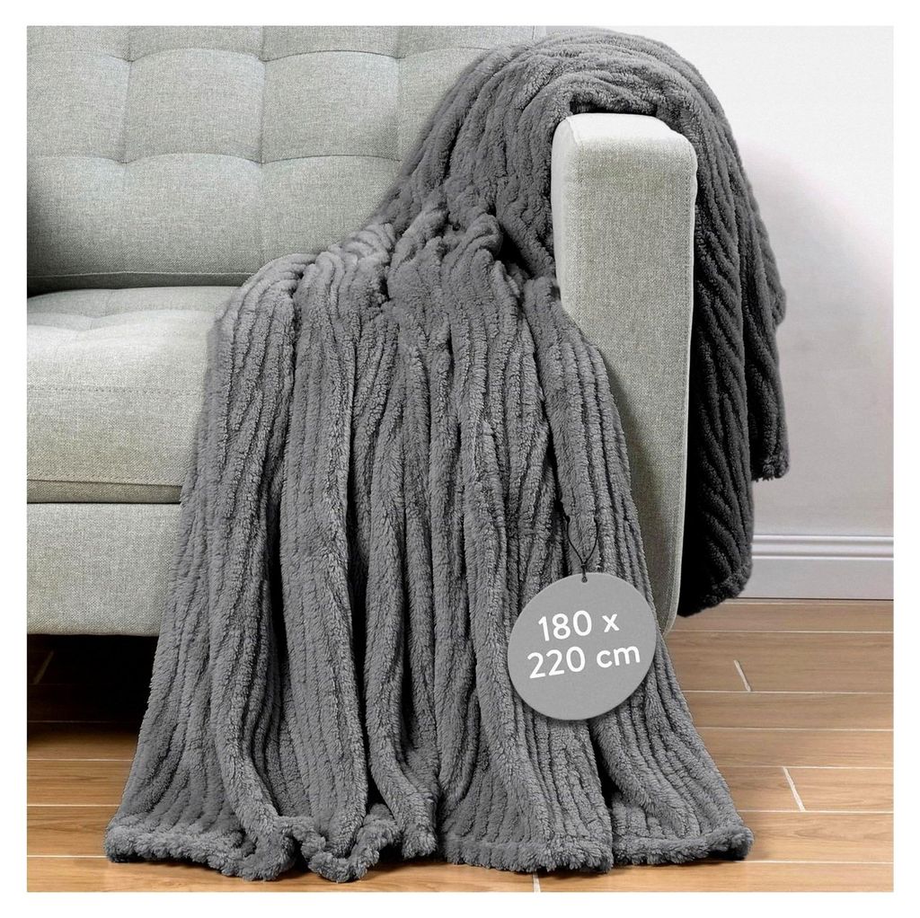 Sherpa Decke Sofa 180x220 grau - Flauschige Kuscheldecke - Pflegeleicht und Waschmaschinenfest - Sofadecke für Couch und Bett