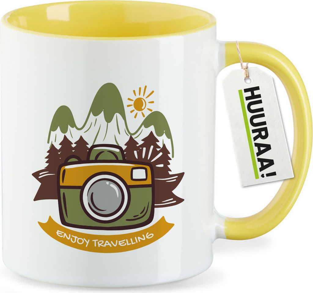 Huuraa Kaffeetasse Enjoy travelling Kamera 330ml Gelb Keramik Kaffeebecher Geschenkidee