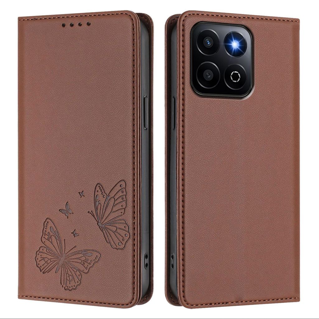 Lederhülle für Honor 400 Smart /Honor X7d, Schmetterling Prägung Leder Brieftasche Schutzhülle mit Ständer Braun