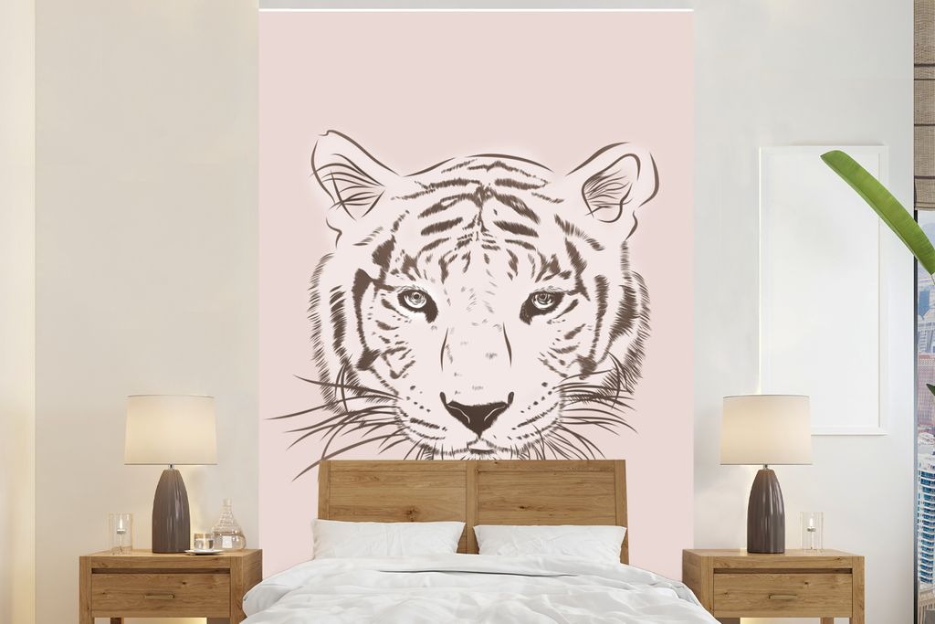 MuchoWow Fototapete für Wohnzimmer oder Schlafzimmer Wandtapete Vinyl Motivtapete Tiger - Zeichnung - Junge - 200x300 cm - Wanddekorationen