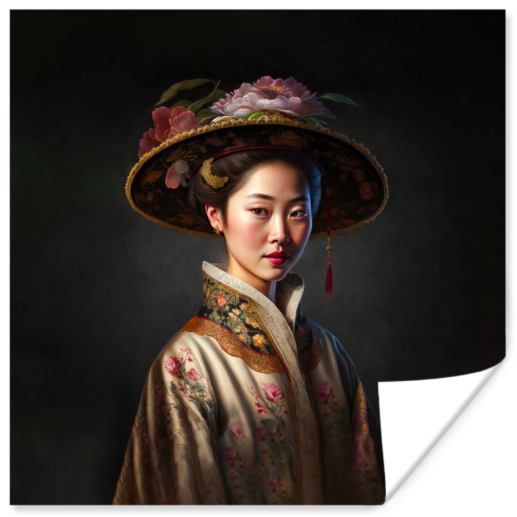 MuchoWow Poster Frau - Porträt - Blumen - Hut - Asiatisch 75x75 cm - Wand Dekoration