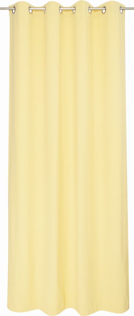 A plain yellow curtain hanging from a rod.