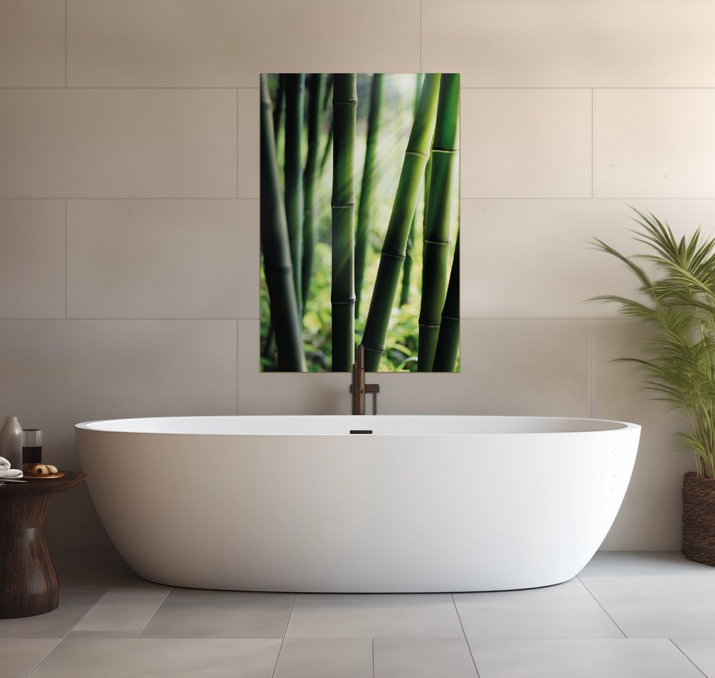 Wallario wasserfestes Poster selbstklebend 91,50 x 61 cm, Bambuswald und Sonnenstrahlen, Badezimmerposter Spritzschutz mit Hochglanzoberfläche in ...