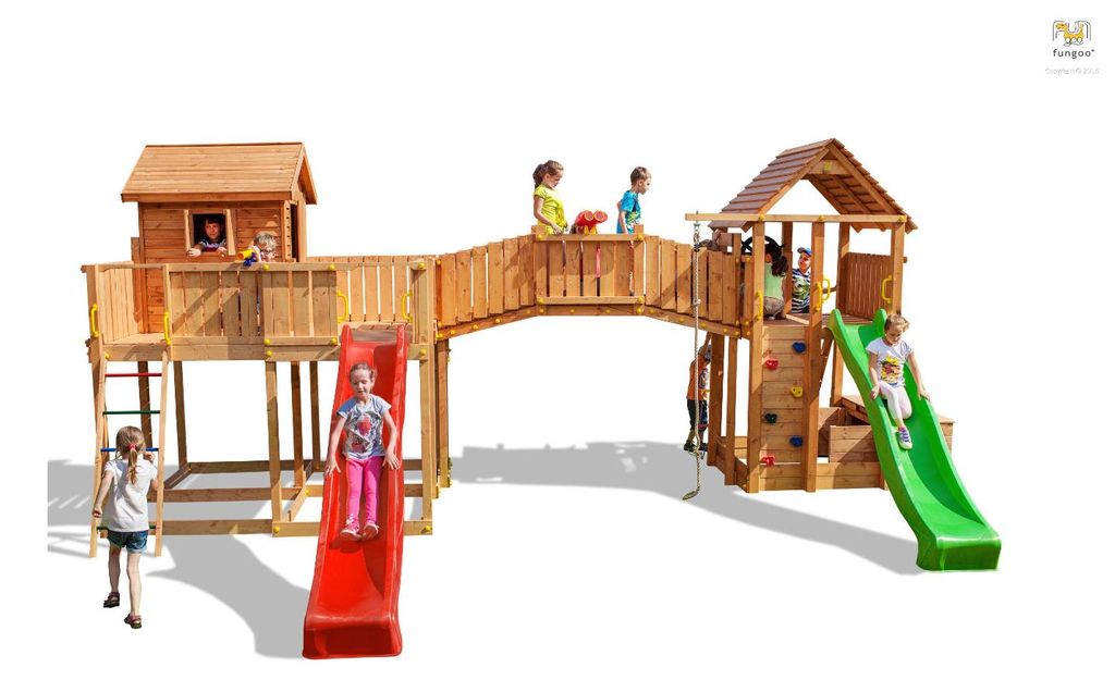 Fungoo Spielturm "Maxi Set Joyful Castle My Space XL Fortress Toybox Rainbow" teak mit 2x Rutschen, 2x Spieltürmen, Verbindungsbrücke, Leiter, Kl...
