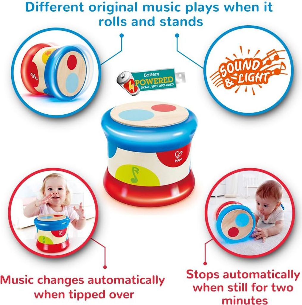 Hape Baby-Trommel - Rollendes Musikspielzeug für Kleinkinder zum Erlernen von Rhythmus und unterschiedlichen Klängen, batteriebetrieben, ab 6 Mon...
