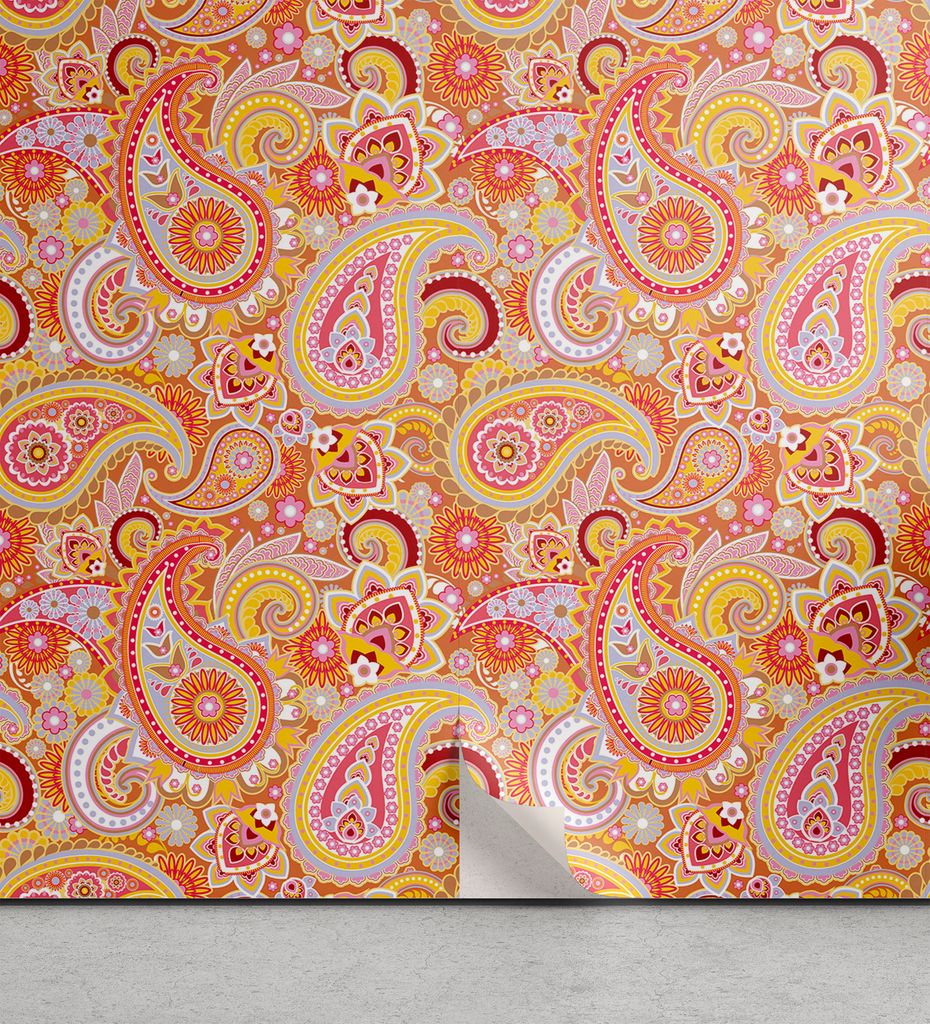 ABAKUHAUS Orange abziehbare & klebbare Tapete für Zuhause, Paisley, selbstklebendes Wohnzimmer Küchenakzent, 33 cm x 250 cm, Mehrfarbig