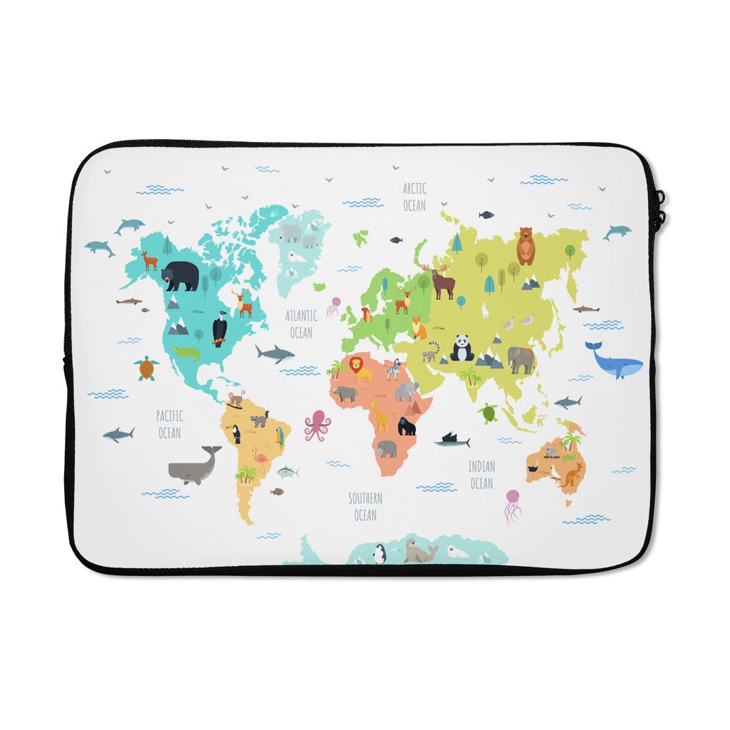 MuchoWow Laptop Hülle 14 ZollWeltkarte - Tiere - Kinder Laptoptasche - Laptoptasche - Stoßsicher - Schutzhaube