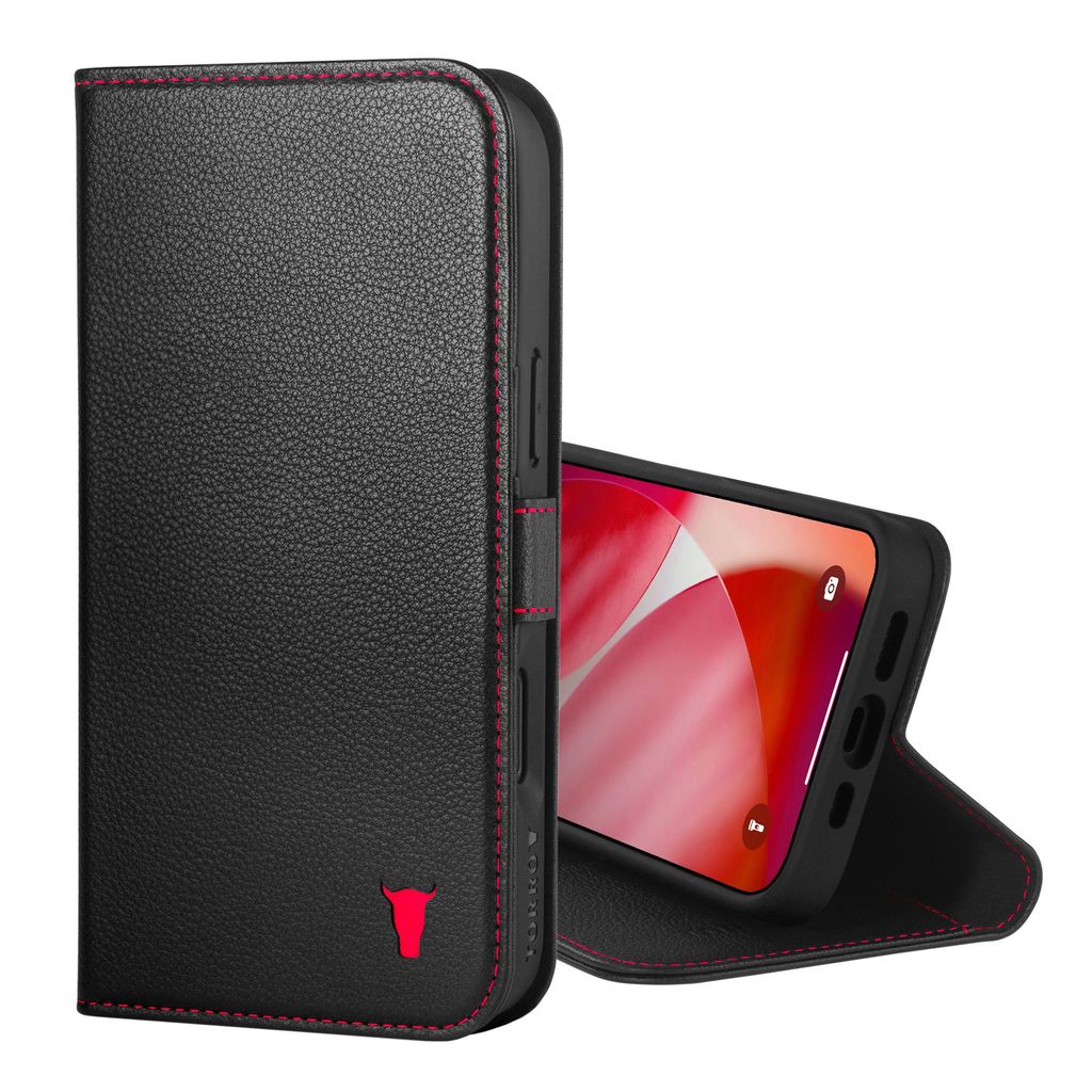 A black leather iPhone case with red stitching and a red bull logo is shown open, revealing an iPhone screen.