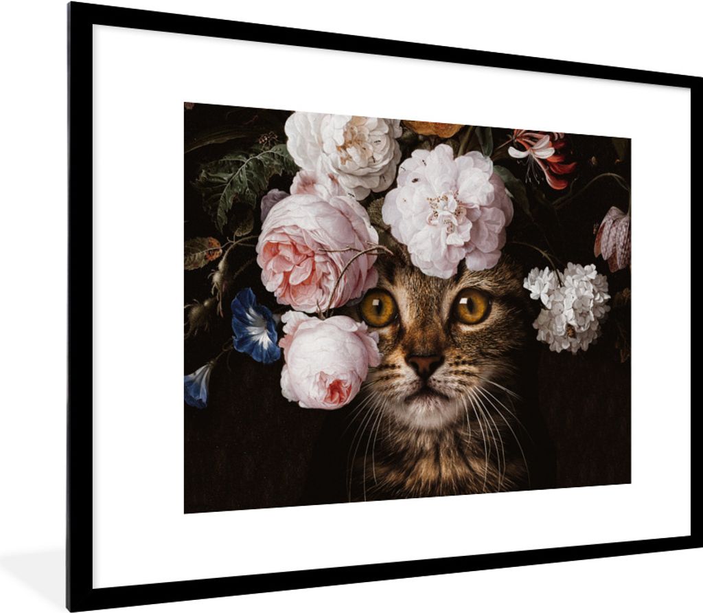 MuchoWow Gerahmtes Poster Katze - Blumen - Tierkopf 80x60 cm - Poster mit Schwarzem Bilderrahmen Wandposter Rahmen Foto Bilder - Schlafzimmer-Dek...