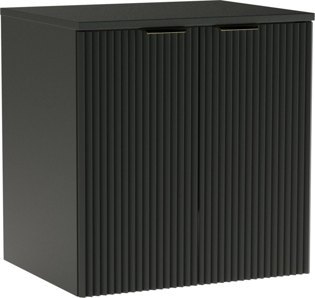 A dark gray cabinet with fluted doors and gold handles, shown from a three-quarter angle against a white background.