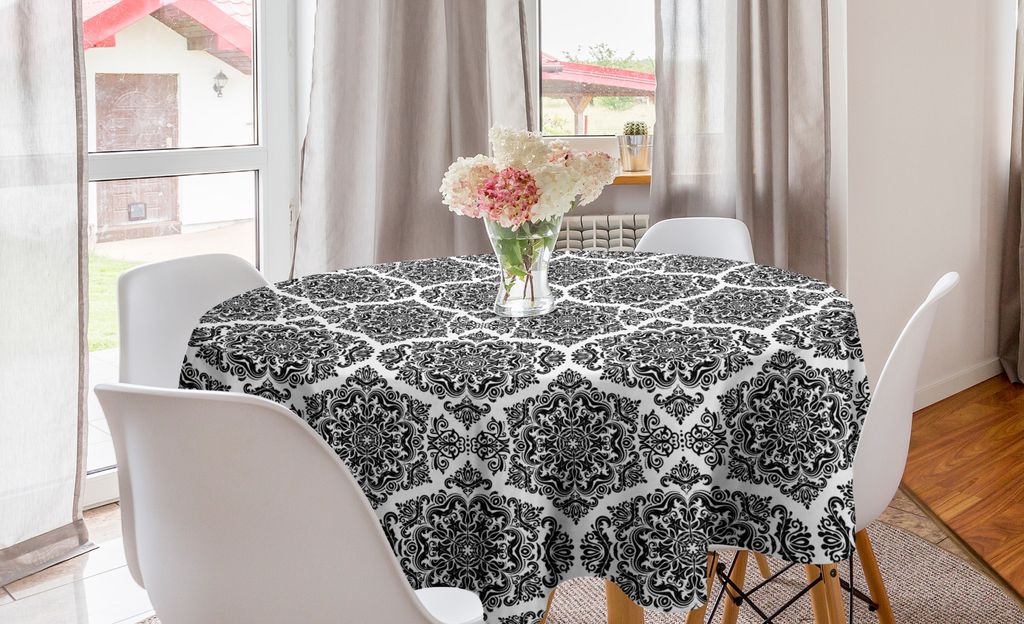 ABAKUHAUS Abstrakt Runde Tischdecke, Monochrome Damast-Motiv, Kreis Tischdecke Abdeckung für Esszimmer Küche Dekoration, 150 cm, Weiß und Dunkel...