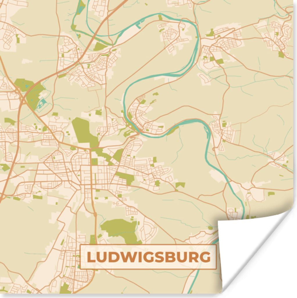 MuchoWow Poster Stadtplan - Ludwigsburg - Stadtplan - Vintage 30x30 cm - Wandposter - Printing