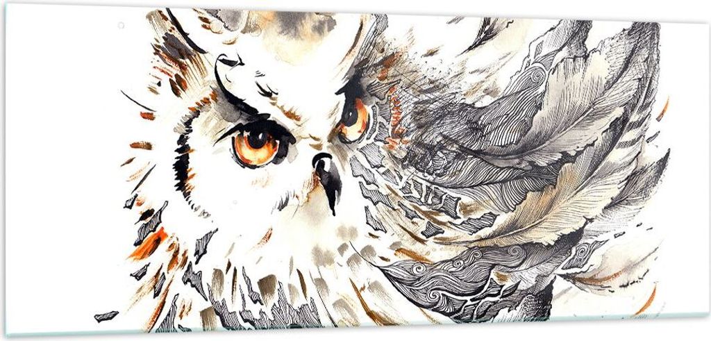 Bilder auf glas - Owl Federn Weisheit Natur - 100x40cm - Glasbilder - Wandbilder - Kunstdruck - zum Aufhängen bereit - Wanddekoration aus Glas - G...