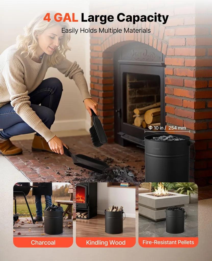 Seau à cendres 15L avec couvercle et kit de 4 accessoires en métal noir