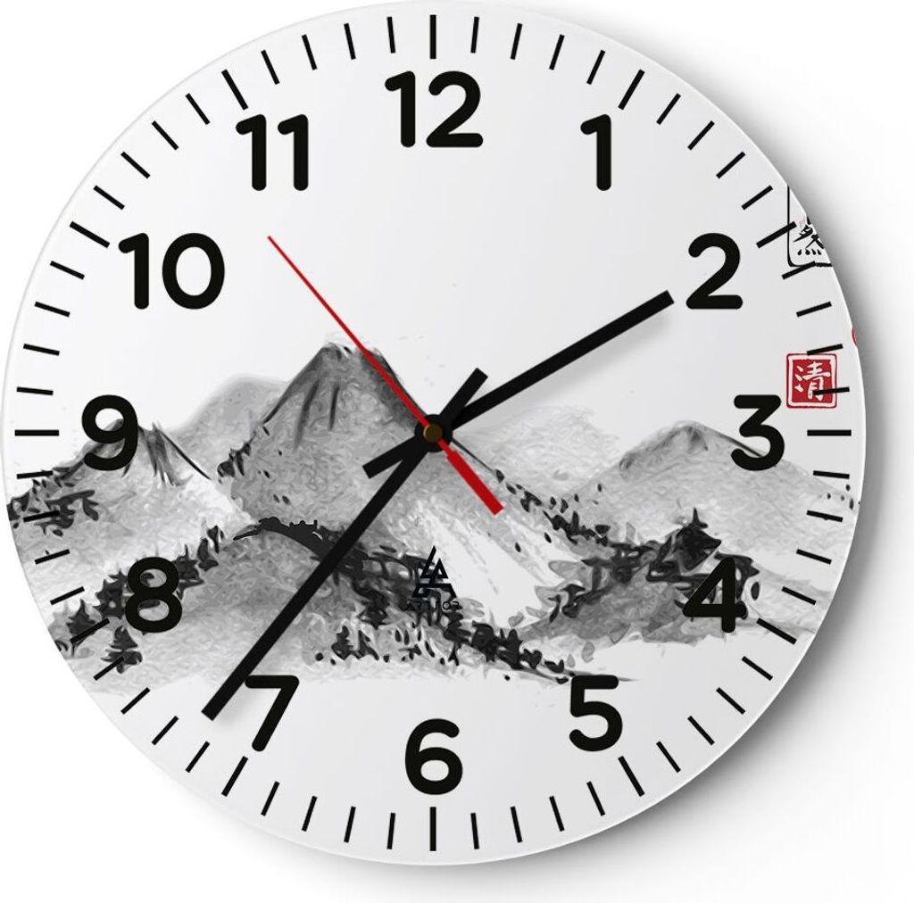 Wanduhr - Rund - Glasuhr - Zeichnen Asien Berge - 40x40cm - Schleichendes Uhrwerk - Lautlos - zum Aufhängen bereit - Dekoration Modern - Wanddekor...