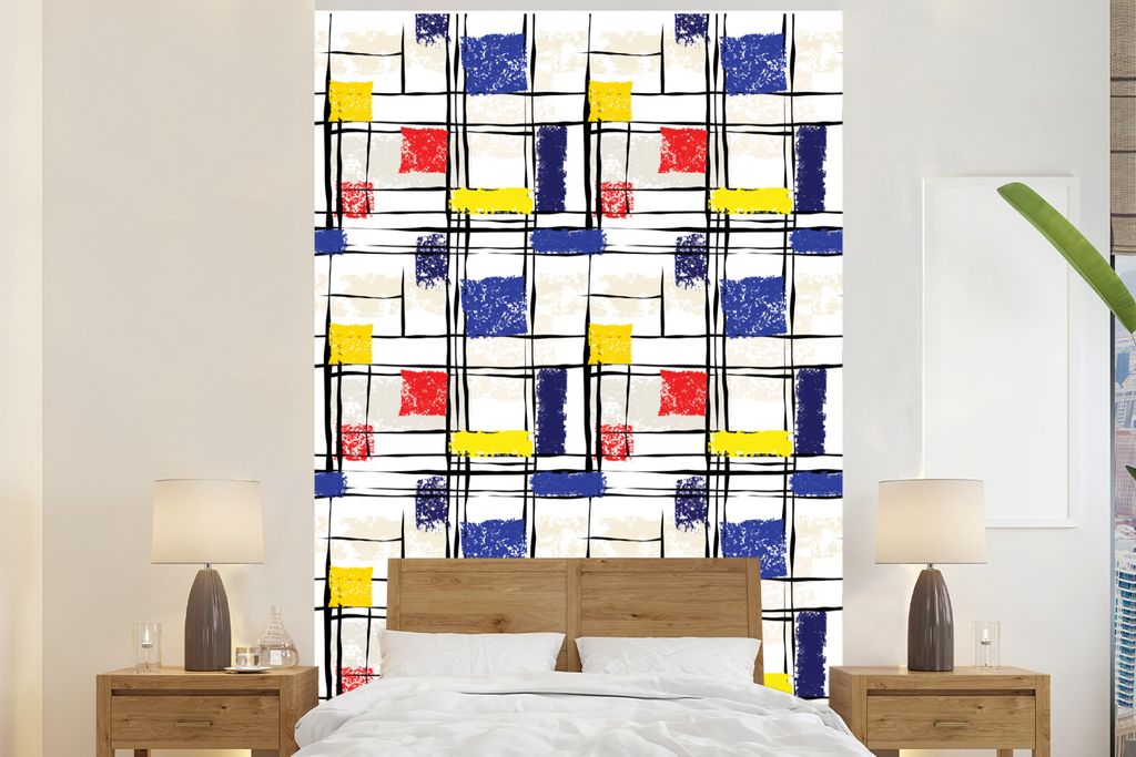MuchoWow Fototapete für Wohnzimmer oder Schlafzimmer Wandtapete Vinyl Motivtapete Mondrian - Gelb - Rot - Blau - 160x240 cm - Vinyltapete
