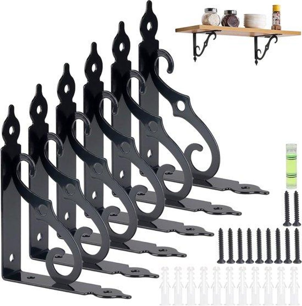 Famanu Regalhalter Set – 6 schwarze, schwere Wandhalterungen, 90 Grad, maximale Tragkraft 40 kg