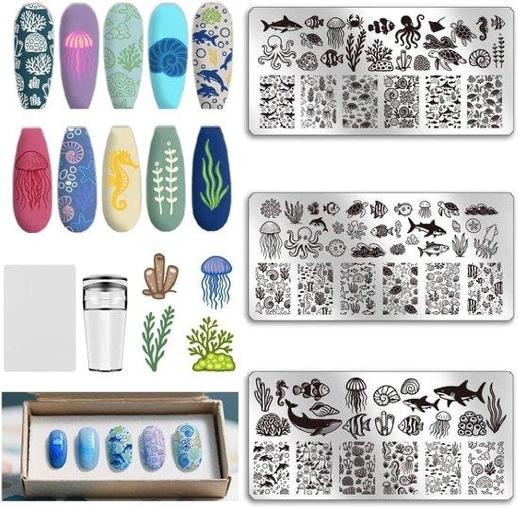 Nagel Stempel Set mit Ozean Motiv - Schildpadden und Hai - Nail Art Stencils - Conch Schilder mit Spacer für Nagelstyling
