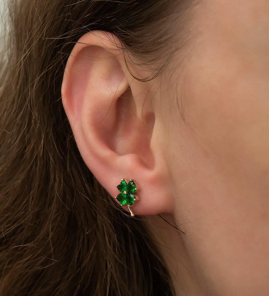 Boucles d'oreilles trèfle en or rose et argent, serties de vert, 8mm