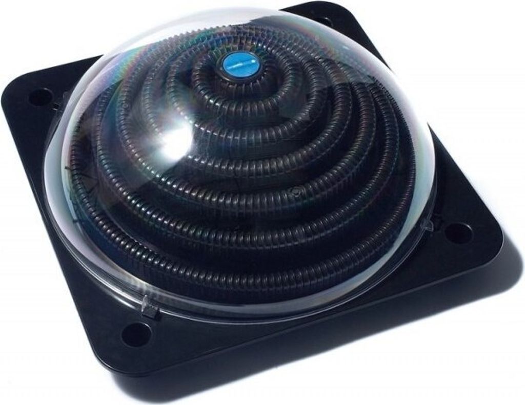 A solar pool heater collector with a coiled black tube under a clear dome, mounted on a black base.