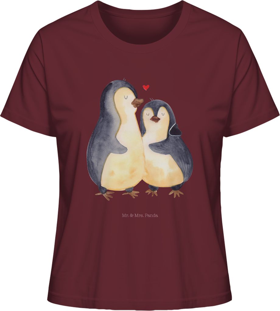 Mr. & Mrs. Panda Damen T-Shirt Kurzarm Pinguin umarmen Größe L - Burgundy - Geschenk, Basic, Umarmung, Hochzeitstag, Kurzarmshirt, Oberteil, Lieb...