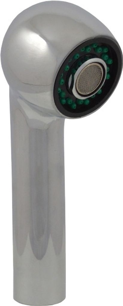 A close-up studio shot of a chrome kitchen faucet spray head.