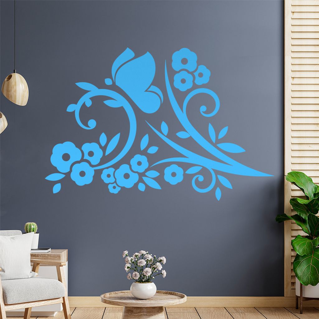 Falter Schmetterling Blüte Wandtattoo in 6 Größen - Wandaufkleber Wall Sticker - Dekoration, Küche, Wohnzimmer, Schlafzimmer, Badezimmer