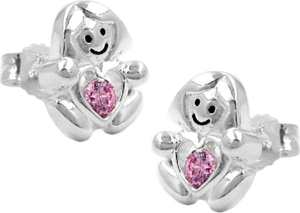 Paar Ohrstecker Mädchen mit Herz pink Zirkonia 925 Silber Kinder
