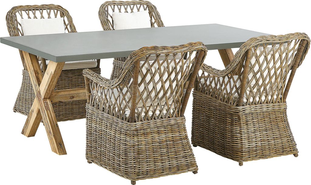 BELIANI Gartenmöbel Set 5-teilig Natürlich Rattan Tisch 200 x 100 cm Rechteckig Grau Faserzement mit 4 Stühlen Auflagen Cremeweiß Baumwolle Out...