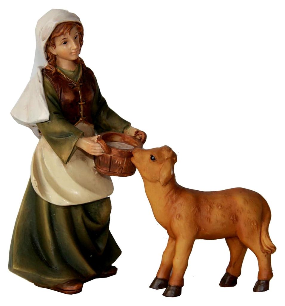 2x Bäuerin mit Kalb / Höhe: 7 cm / handbemalt / detailgetreue Krippenfiguren - Tischdekoration für Weihnachten