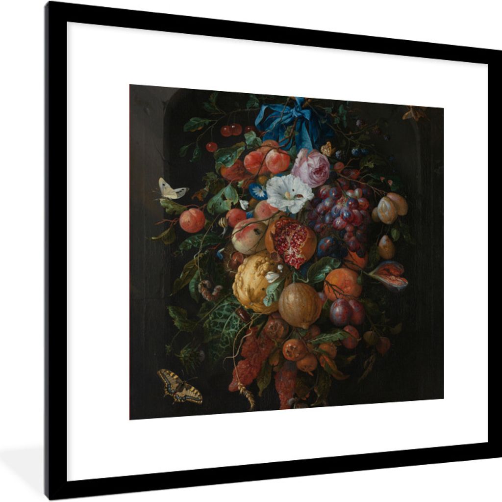 MuchoWow Gerahmtes Poster Früchte und Blumen - Gemälde von Jan Davidsz. de Heem 40x40 cm - Poster mit Schwarzem Bilderrahmen Wandposter Rahmen ...
