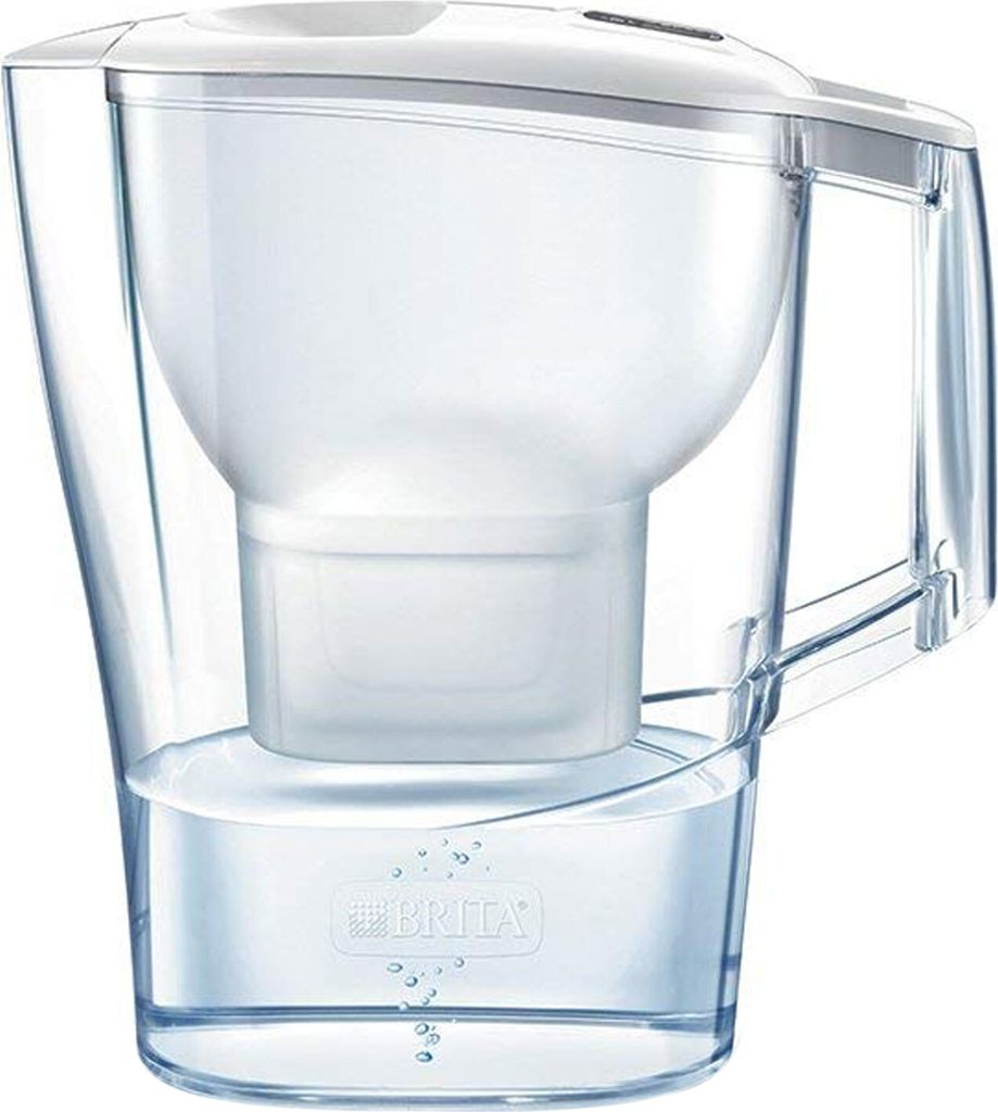 A Brita water filter pitcher filled with water.